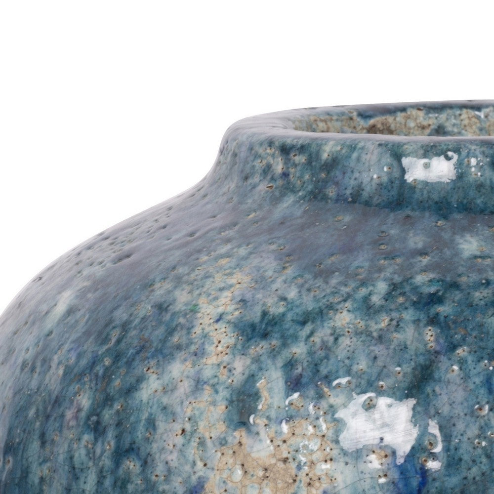 10 Inch Small Round Terracotta Vase, Subtly Curved, Textured Blue Finish - BM285357