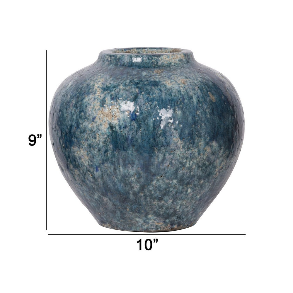 10 Inch Small Round Terracotta Vase, Subtly Curved, Textured Blue Finish - BM285357