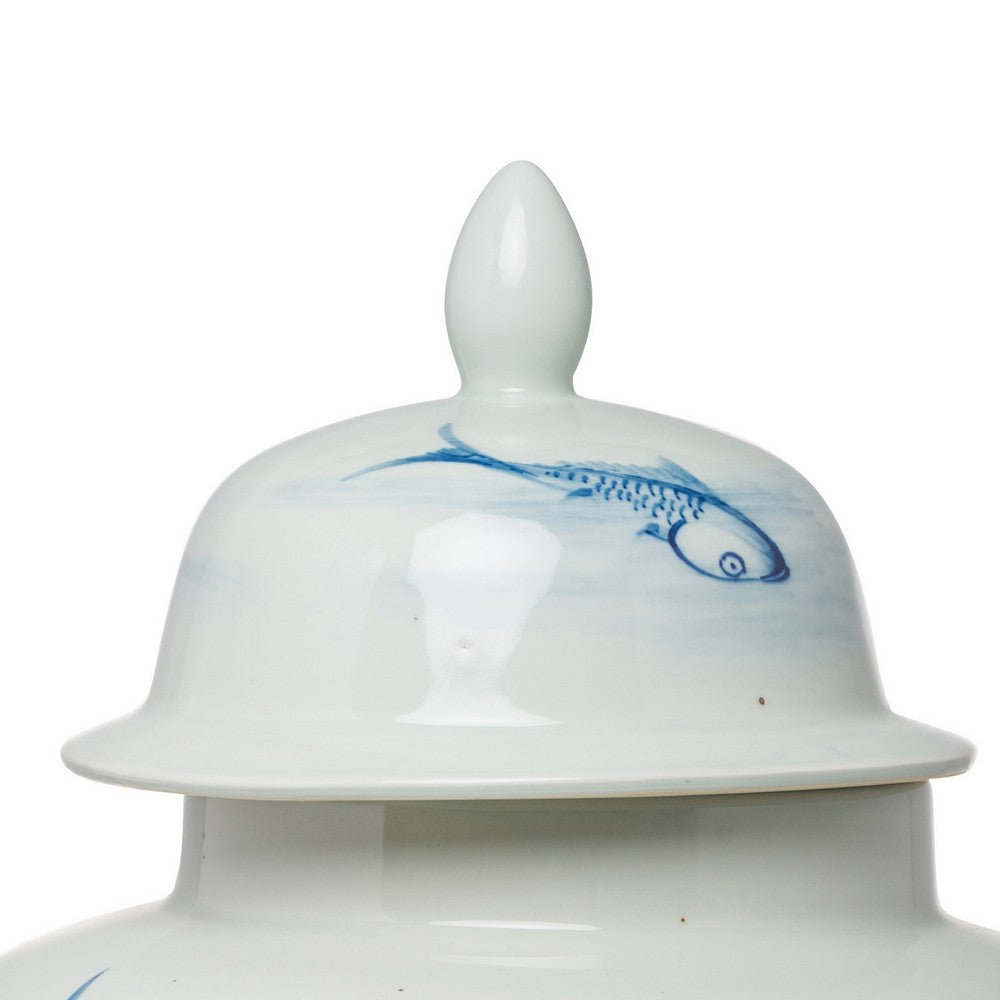 18 Inch Porcelain Ginger Jar, Artful Wispy Fish, Classic White and Blue - BM285358