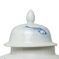 18 Inch Porcelain Ginger Jar, Artful Wispy Fish, Classic White and Blue - BM285358