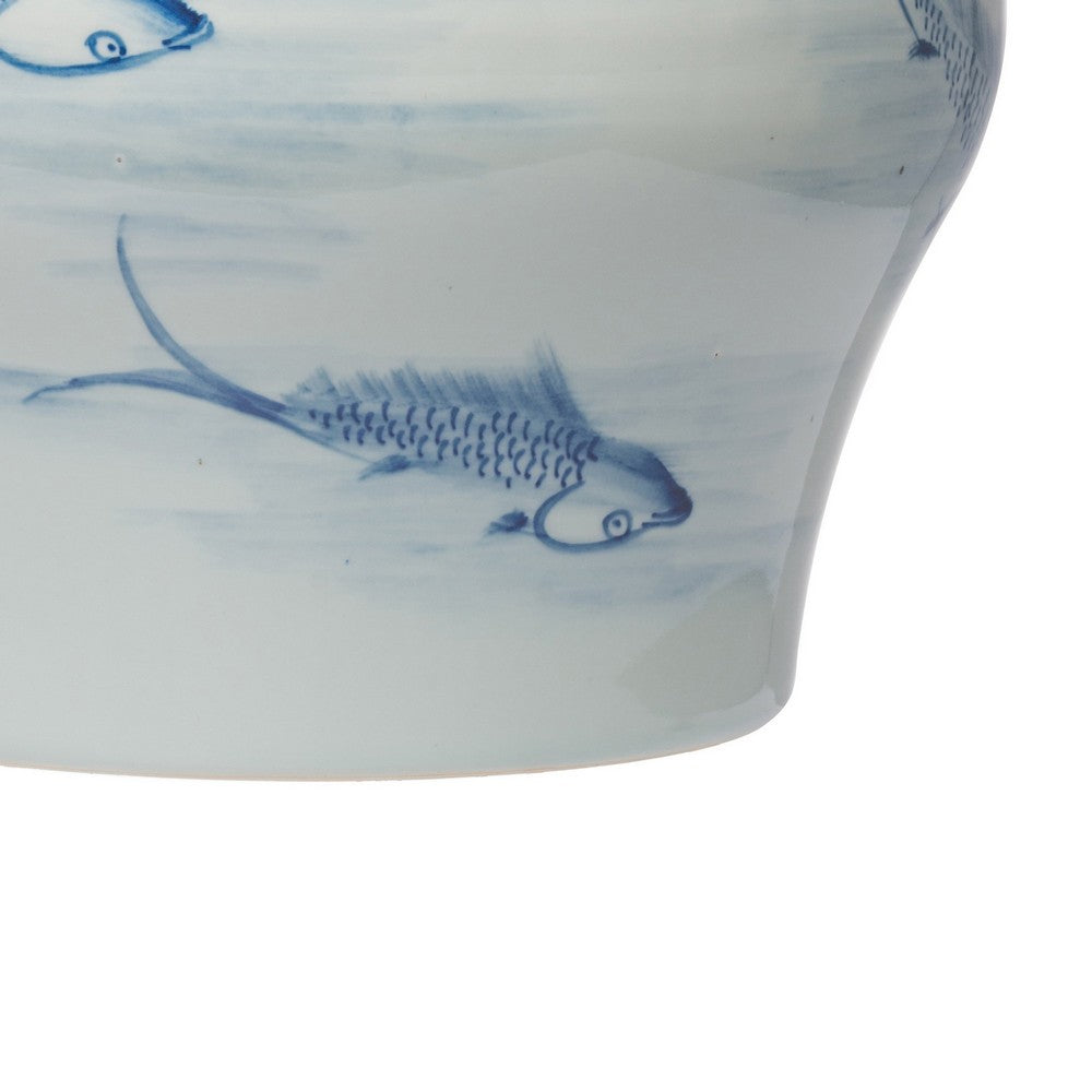 18 Inch Porcelain Ginger Jar, Artful Wispy Fish, Classic White and Blue - BM285358