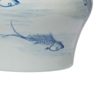 18 Inch Porcelain Ginger Jar, Artful Wispy Fish, Classic White and Blue - BM285358