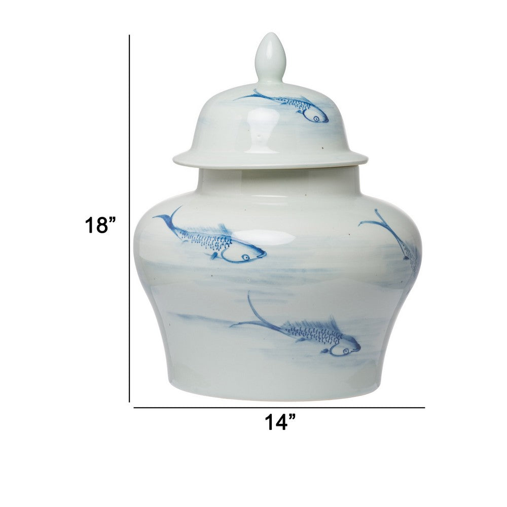 18 Inch Porcelain Ginger Jar, Artful Wispy Fish, Classic White and Blue - BM285358