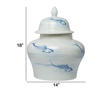 18 Inch Porcelain Ginger Jar, Artful Wispy Fish, Classic White and Blue - BM285358