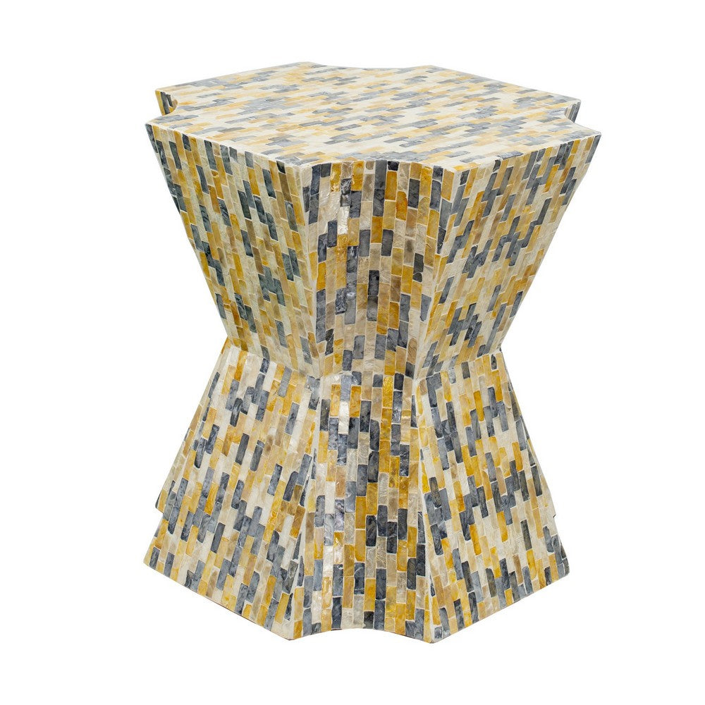 18 Inch Modern Capiz Accent Table Stool, Yellow, Blue Mosaic Pattern - BM285361