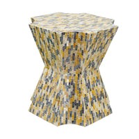 18 Inch Modern Capiz Accent Table Stool, Yellow, Blue Mosaic Pattern - BM285361