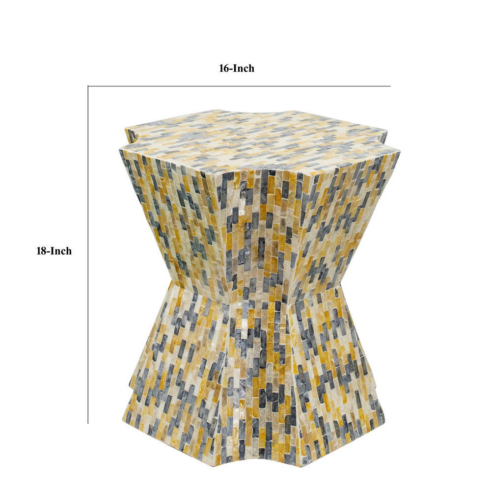 18 Inch Modern Capiz Accent Table Stool, Yellow, Blue Mosaic Pattern - BM285361