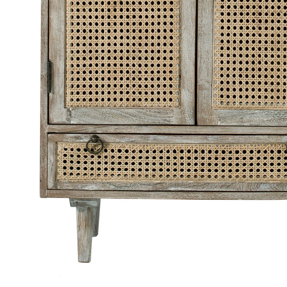 38 Inch 2 Door Cabinet, 1 Drawer, Acacia Wood, Cane Front, Weathered White - BM285400