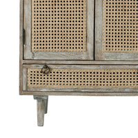 38 Inch 2 Door Cabinet, 1 Drawer, Acacia Wood, Cane Front, Weathered White - BM285400