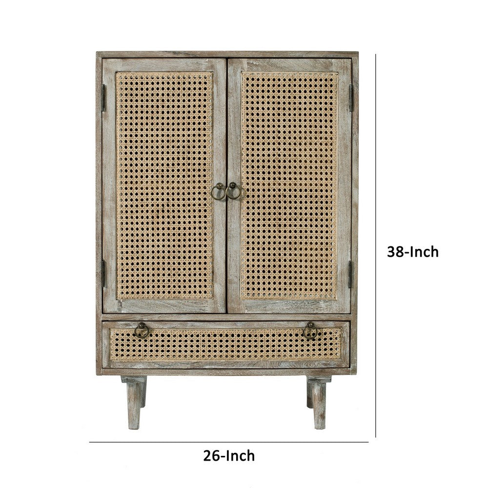 38 Inch 2 Door Cabinet, 1 Drawer, Acacia Wood, Cane Front, Weathered White - BM285400