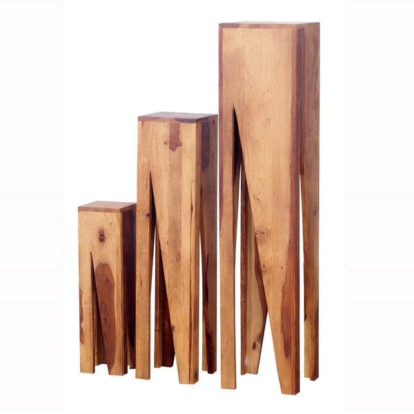 45, 34, 22 Inch Pedestal Table Stand, Set of 3, V Cut Sheesham Wood, Brown - BM285402