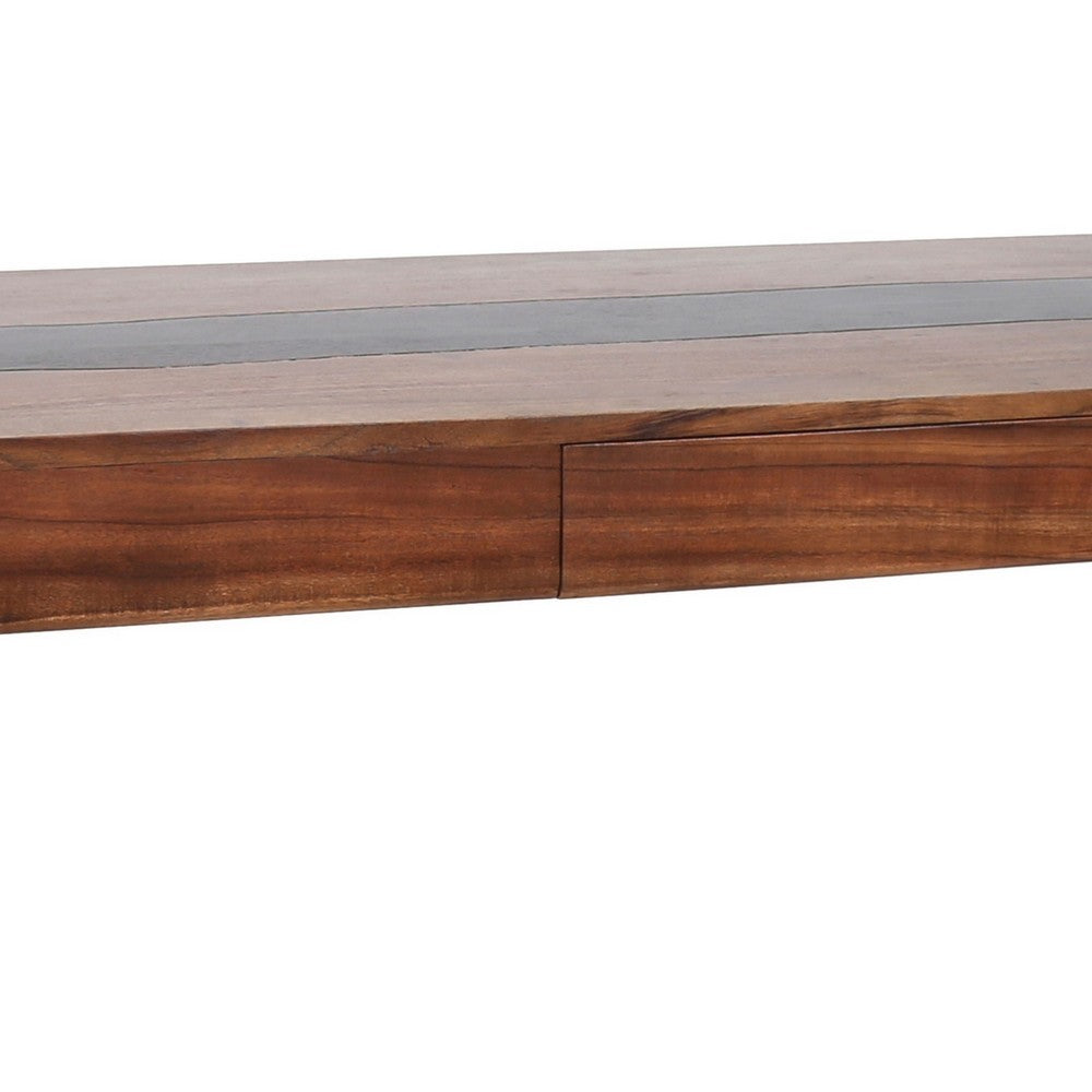 52 Inch Writing Desk, Natural Textured Acacia Wood, Burnished Brown - BM285406