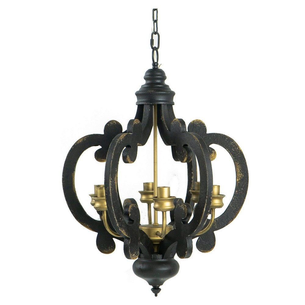 Aki 21 Inch Carved Wood Chandelier, 6 Lights, Vintage Classic, Black, Gold - BM285442