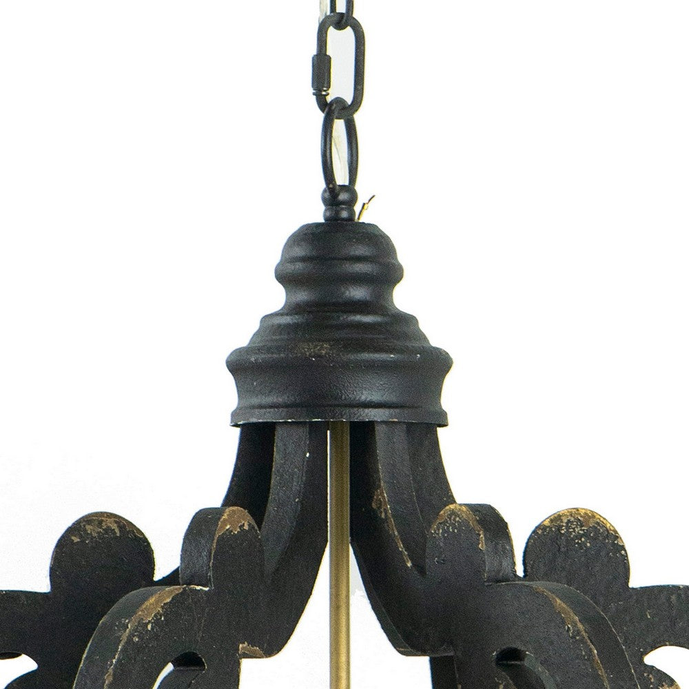Aki 21 Inch Carved Wood Chandelier, 6 Lights, Vintage Classic, Black, Gold - BM285442