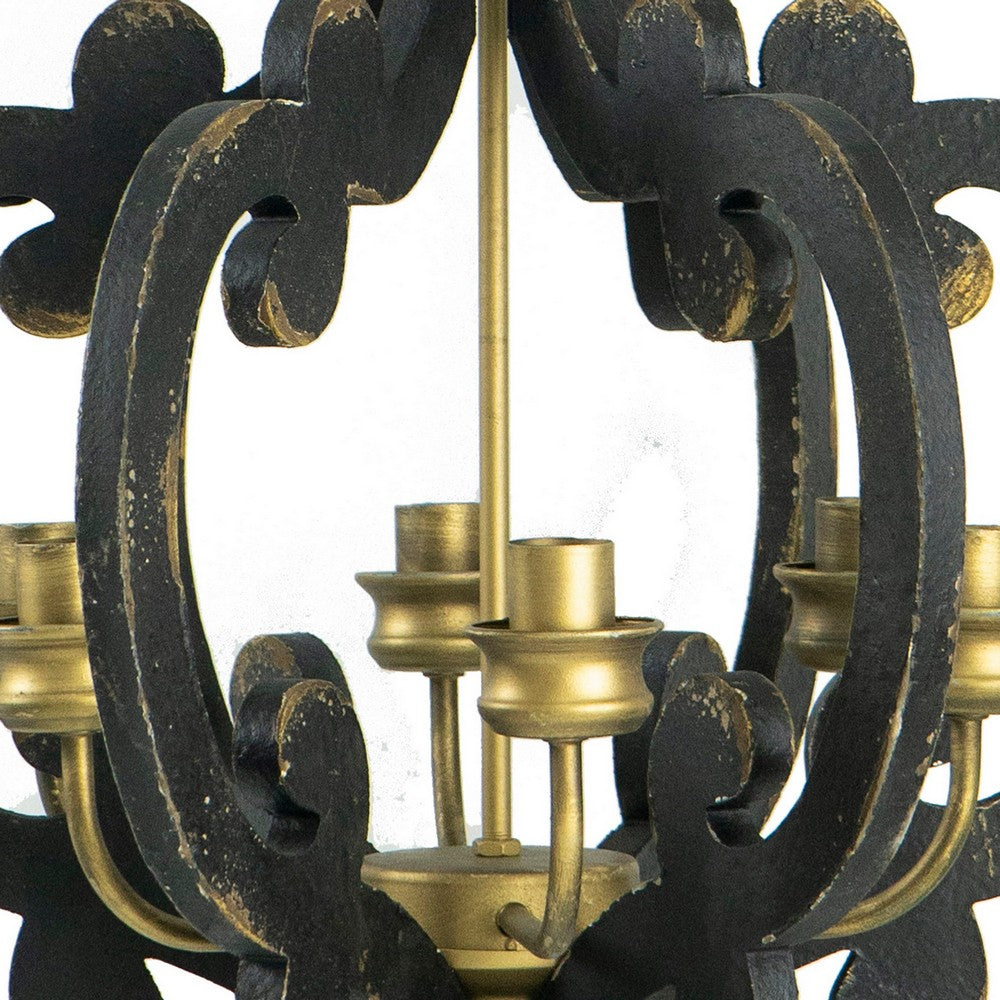 Aki 21 Inch Carved Wood Chandelier, 6 Lights, Vintage Classic, Black, Gold - BM285442