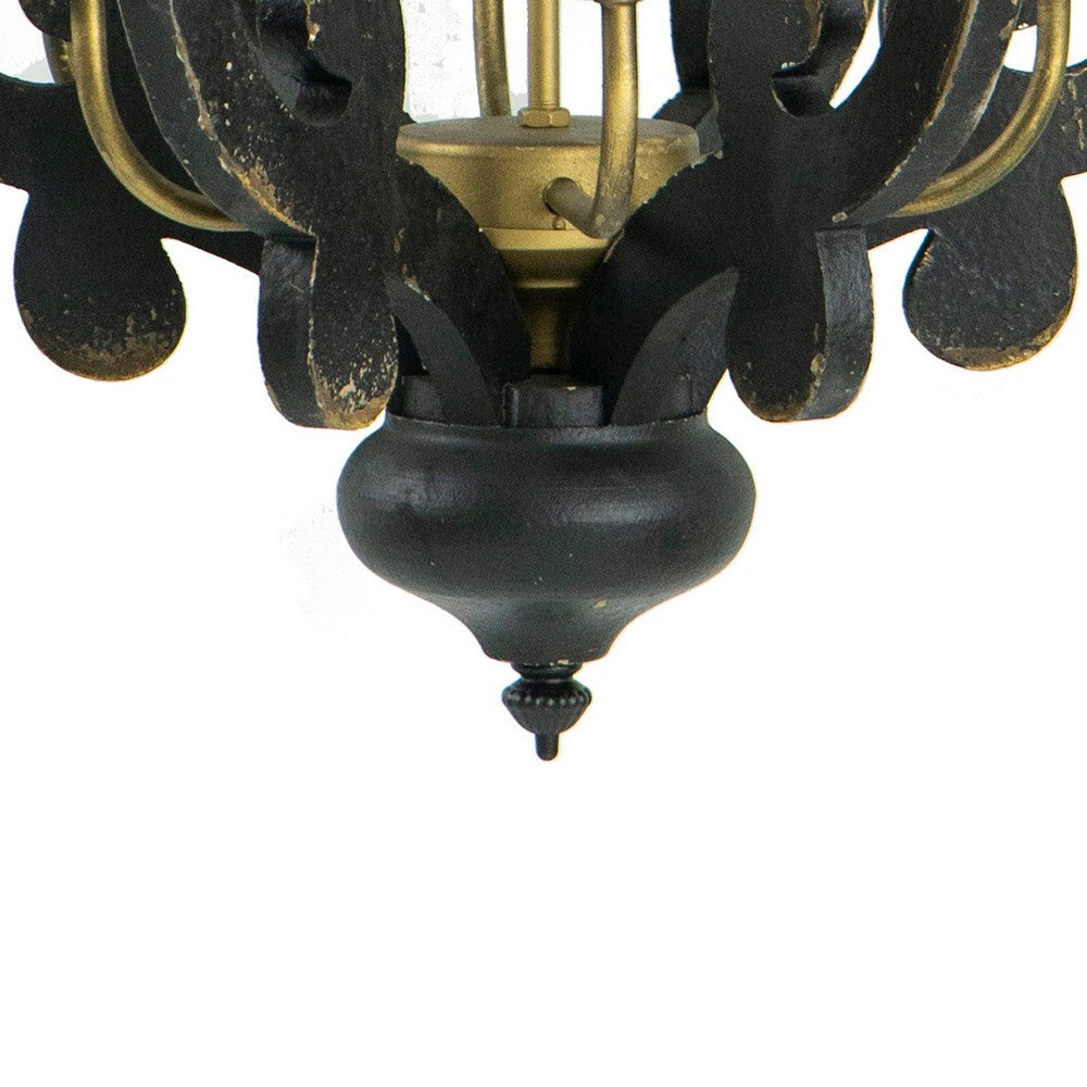 Aki 21 Inch Carved Wood Chandelier, 6 Lights, Vintage Classic, Black, Gold - BM285442