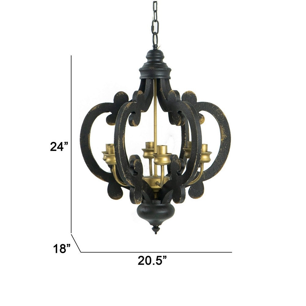 Aki 21 Inch Carved Wood Chandelier, 6 Lights, Vintage Classic, Black, Gold - BM285442