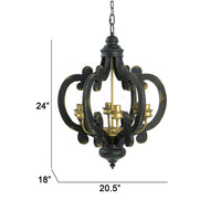 Aki 21 Inch Carved Wood Chandelier, 6 Lights, Vintage Classic, Black, Gold - BM285442