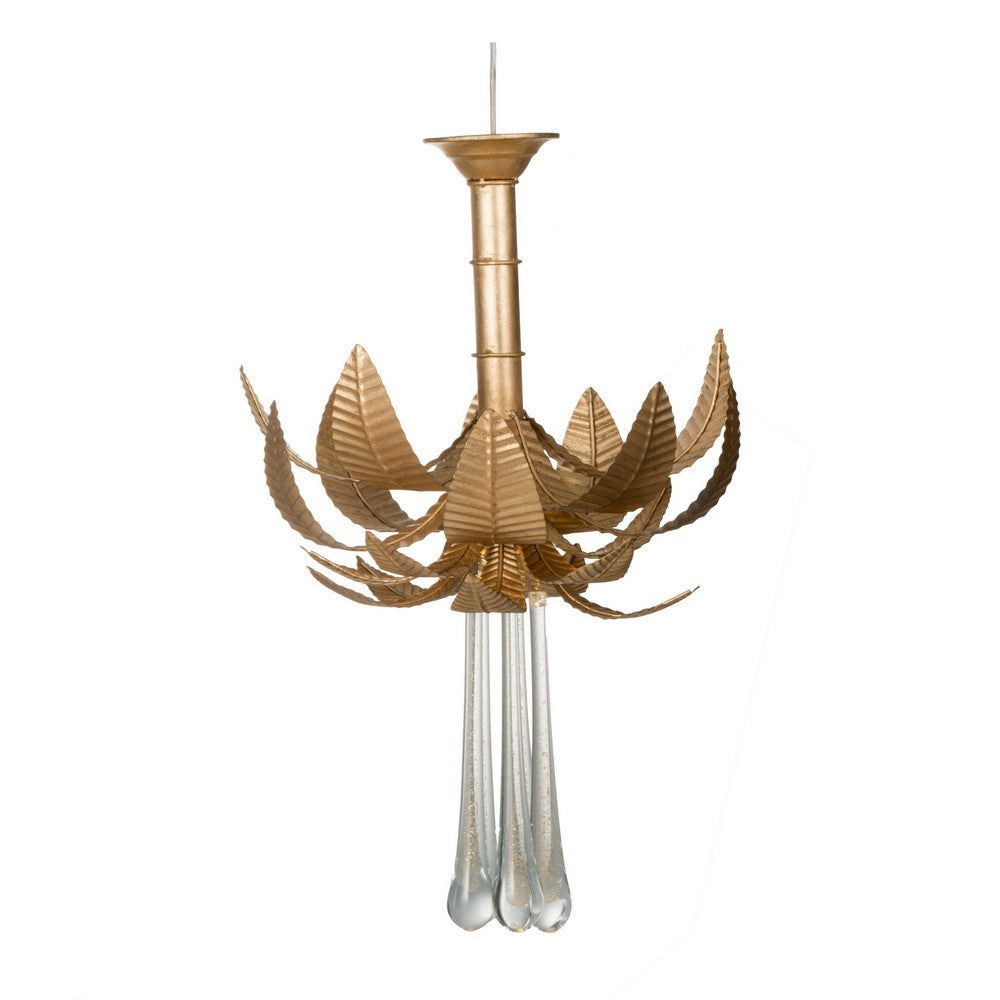 20 Inch Chandelier, Textured Leaves, Glass Clear Crystals, Modern, Gold - BM285445