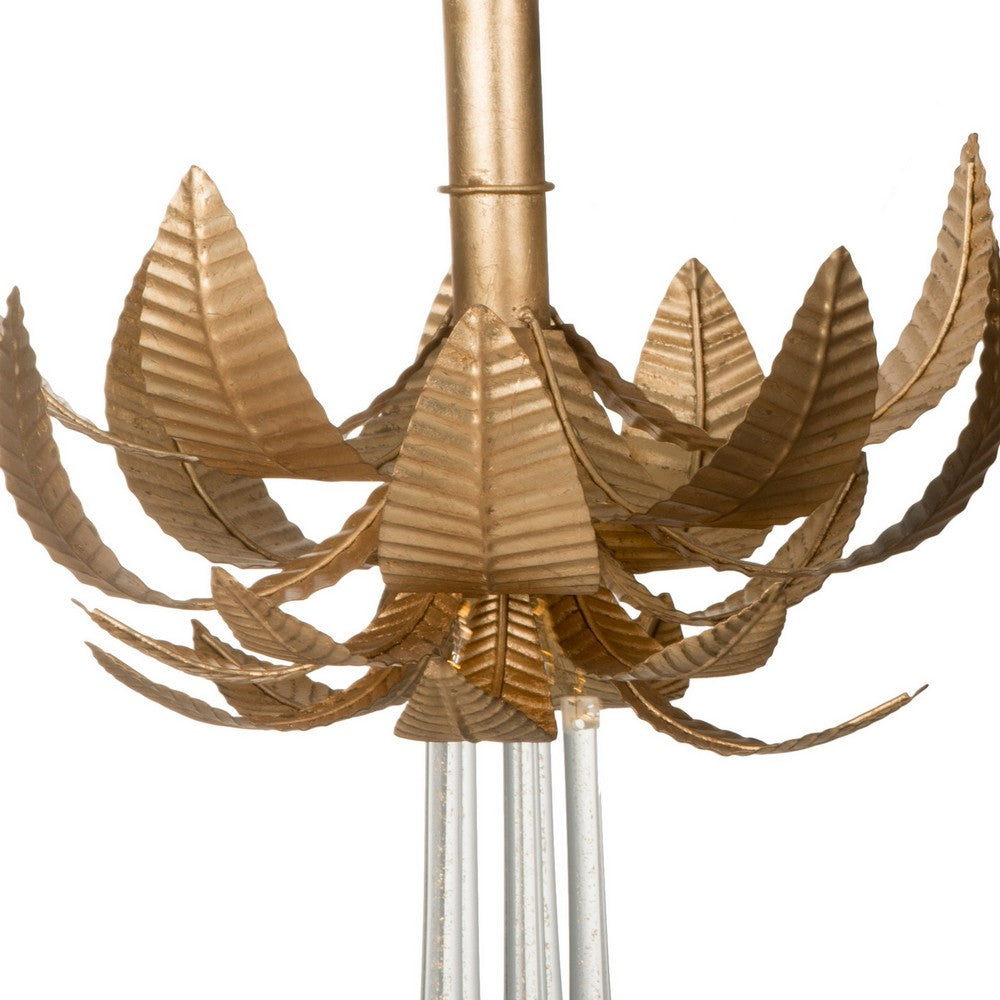 20 Inch Chandelier, Textured Leaves, Glass Clear Crystals, Modern, Gold - BM285445