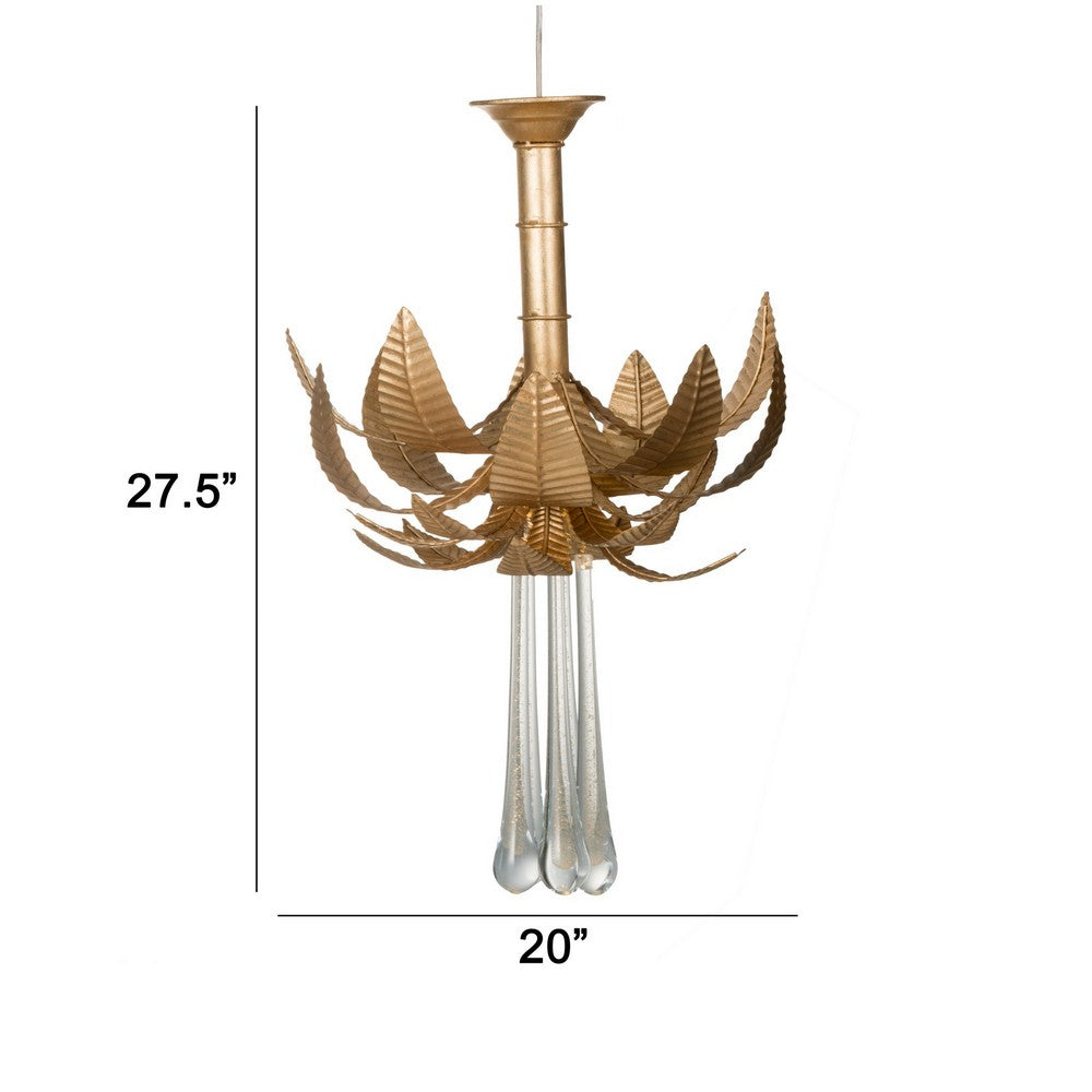 20 Inch Chandelier, Textured Leaves, Glass Clear Crystals, Modern, Gold - BM285445