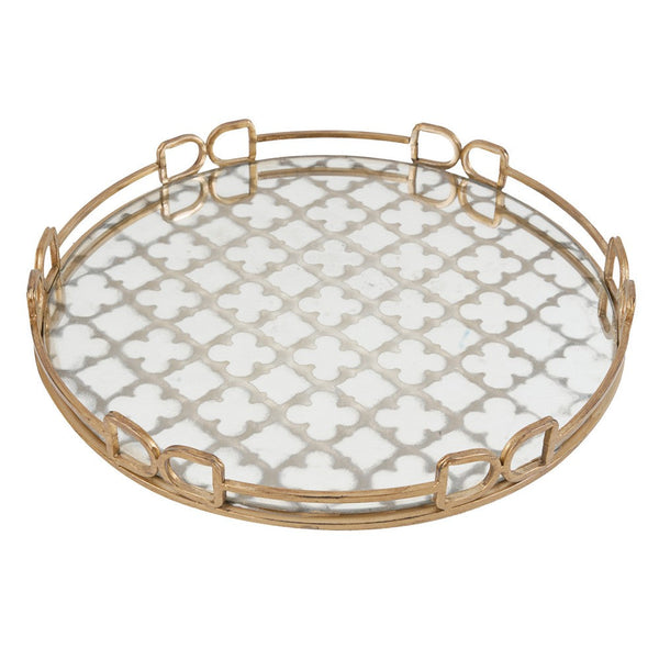 Sui 18 Inch Round Decorative Tray, Glass Bottom and Gold Geometric Frame - BM285515