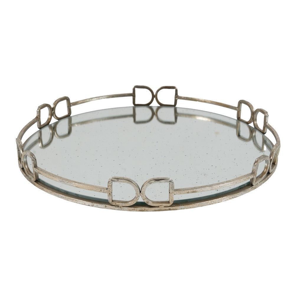 Sui 18 Inch Round Tray, Glass Bottom,  Silver Geometric Frame, Large - BM285516