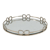 Sui 18 Inch Round Tray, Glass Bottom,  Silver Geometric Frame, Large - BM285516