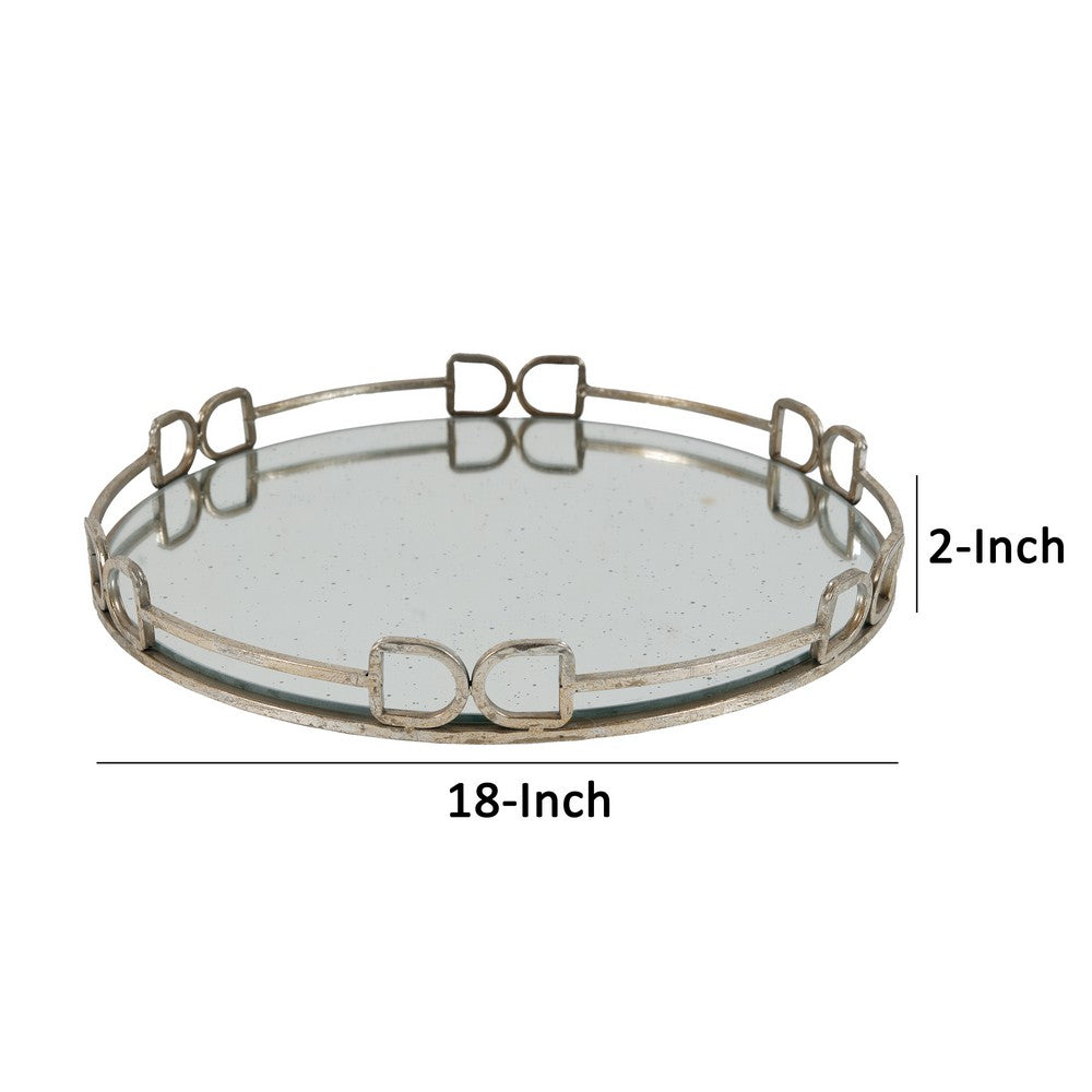 Sui 18 Inch Round Tray, Glass Bottom,  Silver Geometric Frame, Large - BM285516