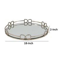 Sui 18 Inch Round Tray, Glass Bottom,  Silver Geometric Frame, Large - BM285516