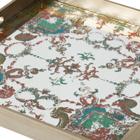 Miki 20 Inch Square Decorative Tray, Artisan Mirrored Damask Pattern, Gold - BM285517