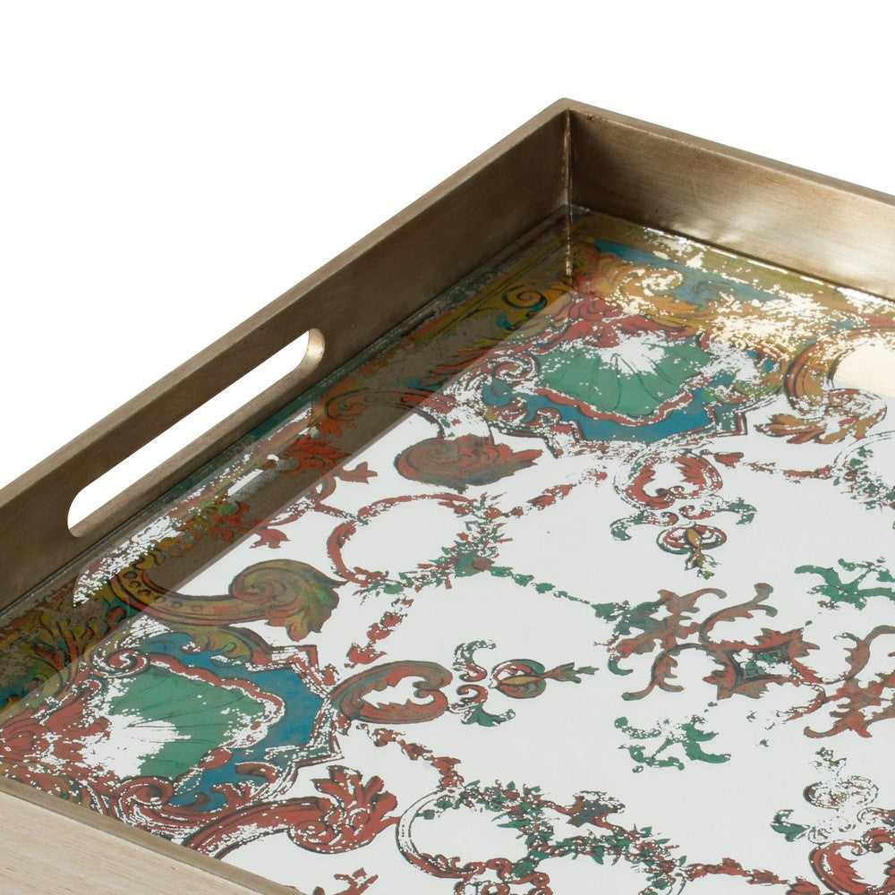 Miki 20 Inch Square Decorative Tray, Artisan Mirrored Damask Pattern, Gold - BM285517