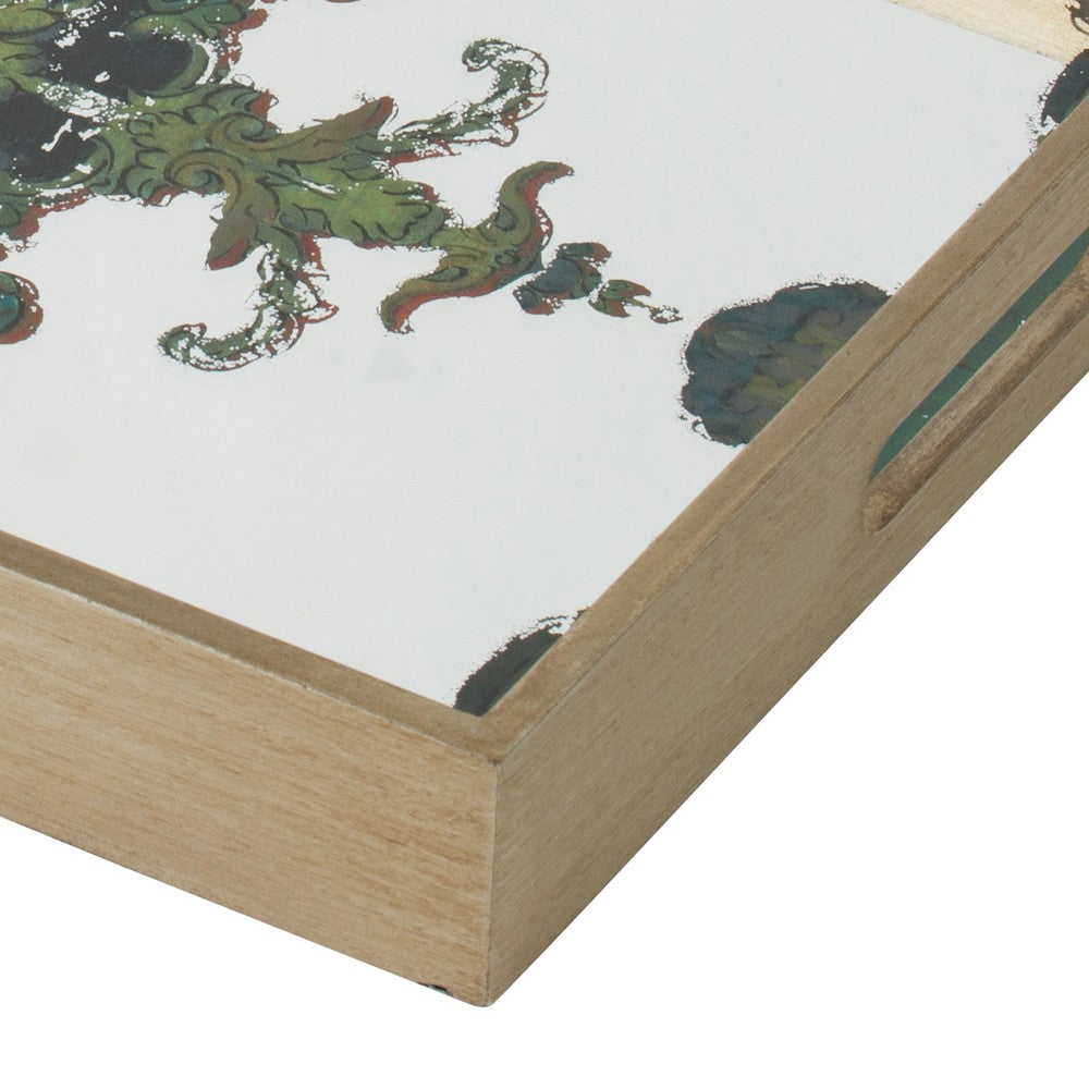 Miki 18 Inch Decorative Tray, Artistic Mirrored Damask Pattern, Gold Finish - BM285528