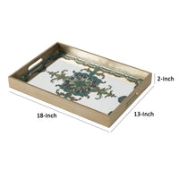 Miki 18 Inch Decorative Tray, Artistic Mirrored Damask Pattern, Gold Finish - BM285528