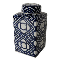 10 Inch Lidded Jar, Porcelain Construction, Deep Blue Graphic Trellis - BM285534