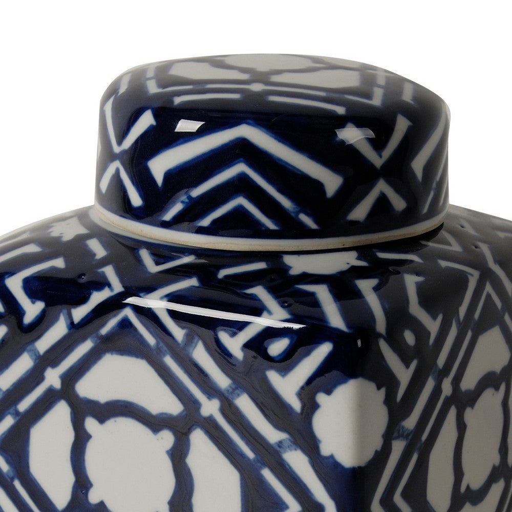 10 Inch Lidded Jar, Porcelain Construction, Deep Blue Graphic Trellis - BM285534