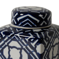 10 Inch Lidded Jar, Porcelain Construction, Deep Blue Graphic Trellis - BM285534