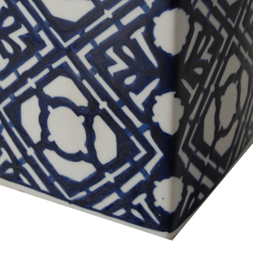 10 Inch Lidded Jar, Porcelain Construction, Deep Blue Graphic Trellis - BM285534