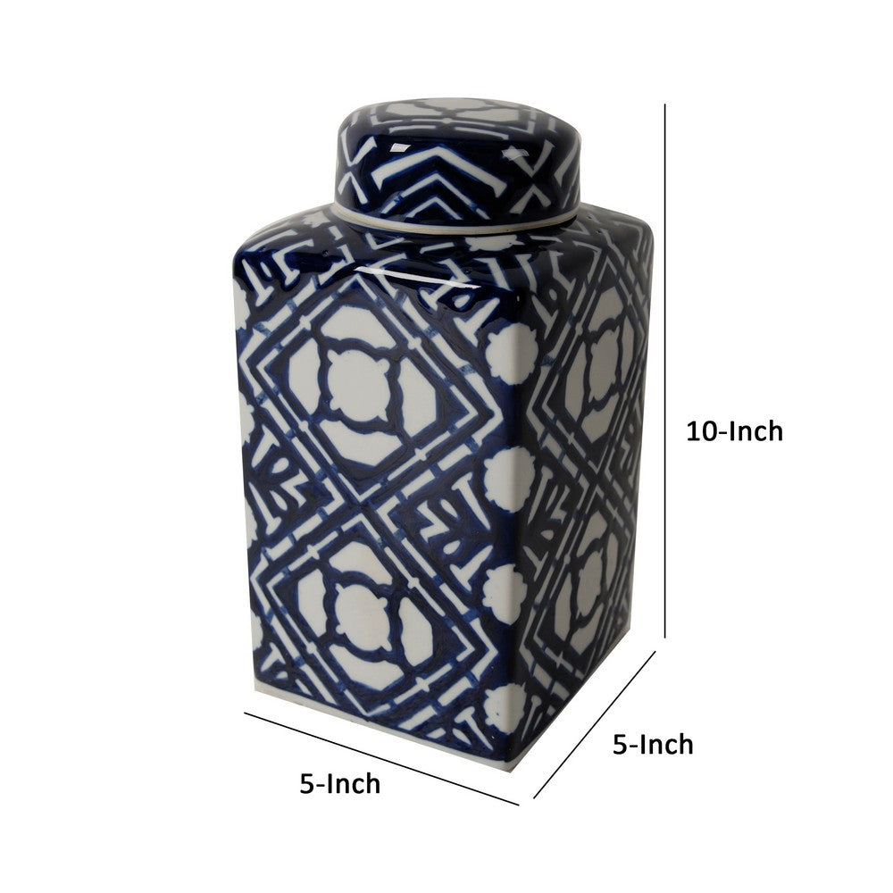 10 Inch Lidded Jar, Porcelain Construction, Deep Blue Graphic Trellis - BM285534
