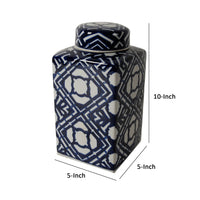 10 Inch Lidded Jar, Porcelain Construction, Deep Blue Graphic Trellis - BM285534