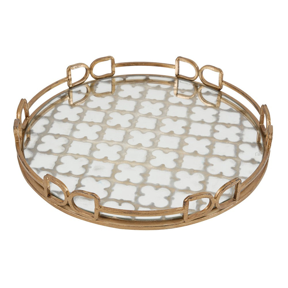 Sui 16 Inch Round Serving Tray, Glass Bottom and Gold Geometric Frame - BM285558