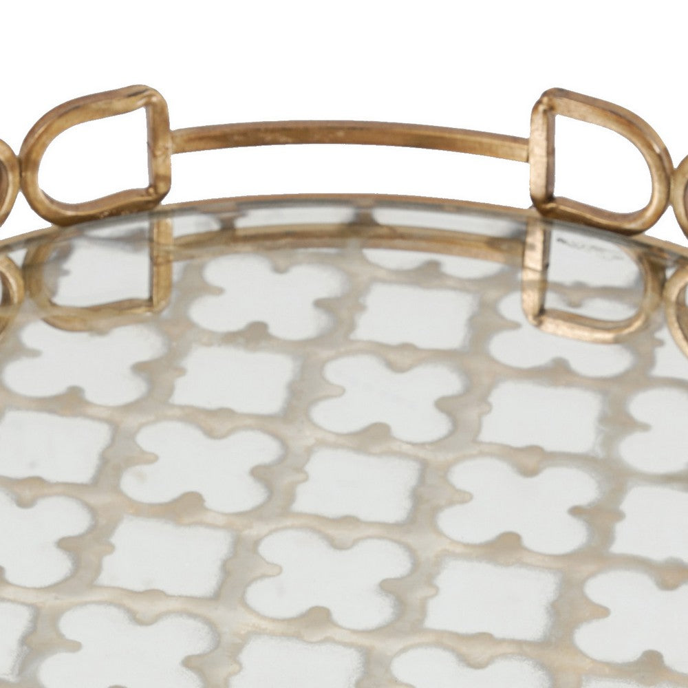 Sui 16 Inch Round Serving Tray, Glass Bottom and Gold Geometric Frame - BM285558