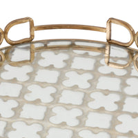 Sui 16 Inch Round Serving Tray, Glass Bottom and Gold Geometric Frame - BM285558
