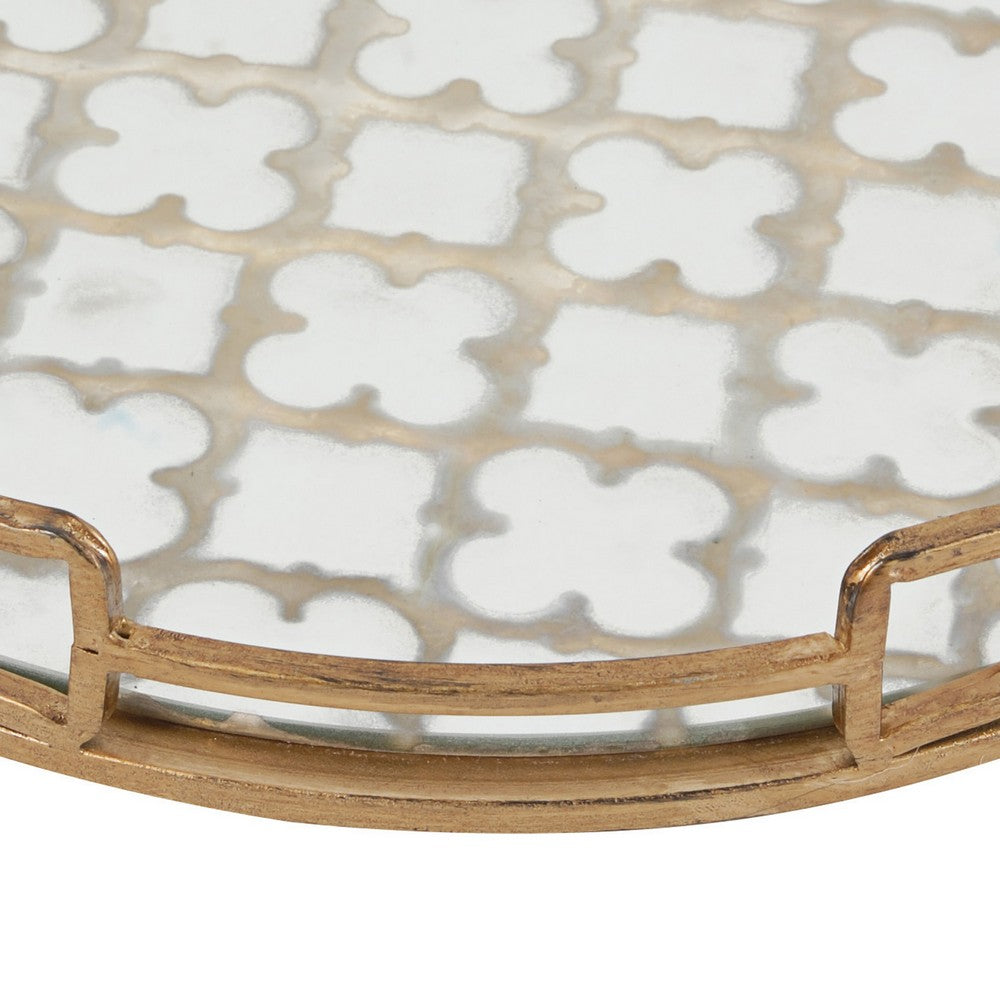 Sui 16 Inch Round Serving Tray, Glass Bottom and Gold Geometric Frame - BM285558