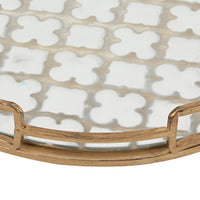Sui 16 Inch Round Serving Tray, Glass Bottom and Gold Geometric Frame - BM285558