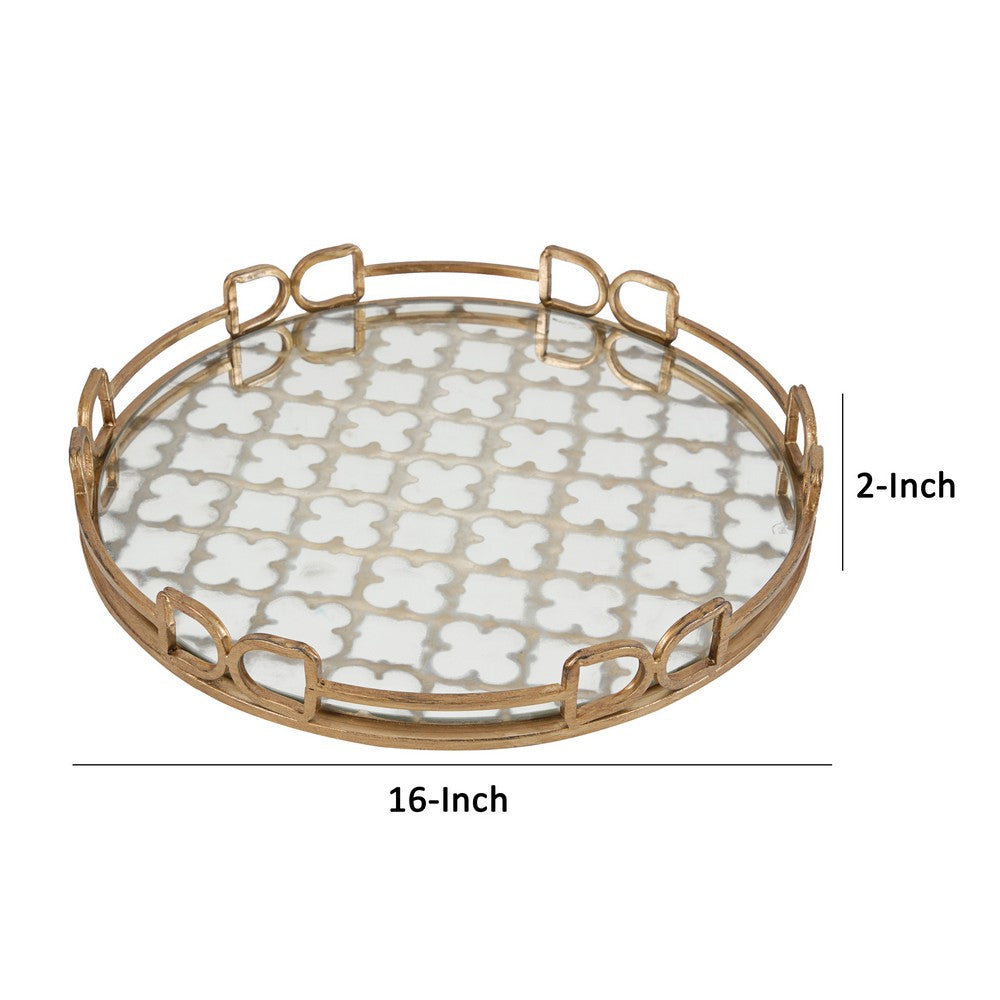 Sui 16 Inch Round Serving Tray, Glass Bottom and Gold Geometric Frame - BM285558