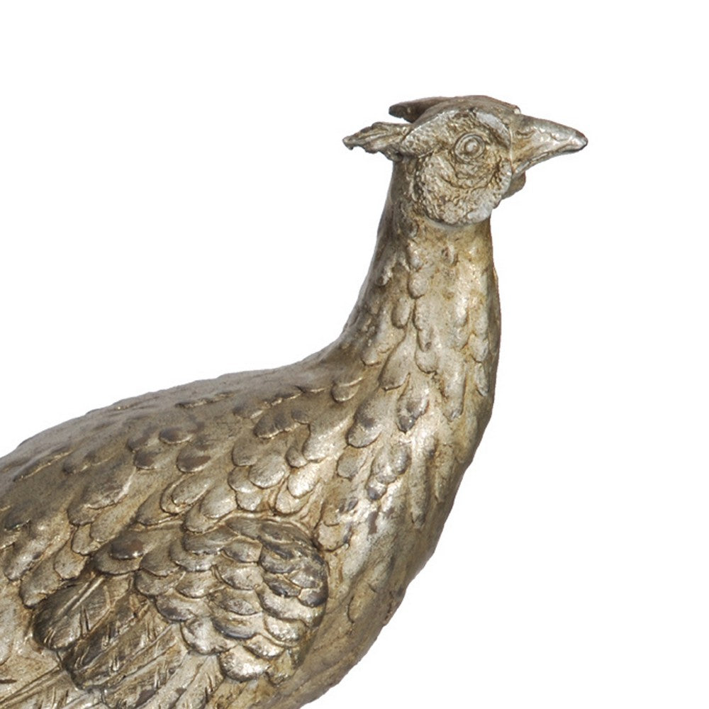 20 Inch Bird Sculpture Decor, Perched Pheasant, Antique Gold Resin - BM285563