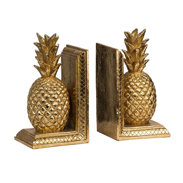 10 Inch Modern Bookends, Pineapple Decorative Statuette, Gold Resin - BM285570