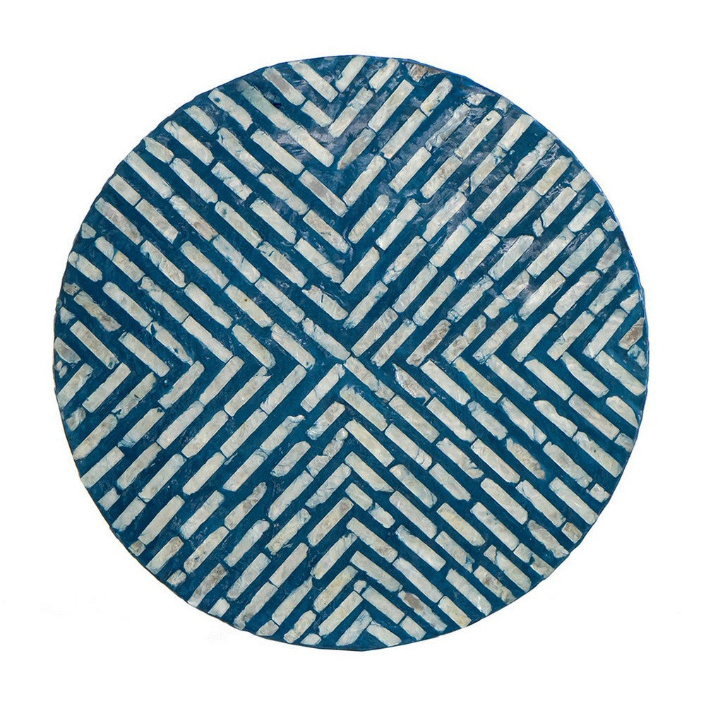 20 Inch Capiz Accent Stool Table, Cylindrical Linear Pattern, Blue, Black - BM285576