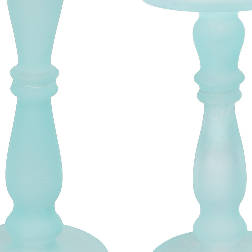 Qui 14, 11 Inch Candle Holders, Turned Pedestal, Blue Glass, Set of 2 - BM285579